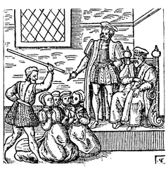 Jakob I. (1566-1625) von England und VI. von Schottland untersucht die Hexen von North Berwick, aus 